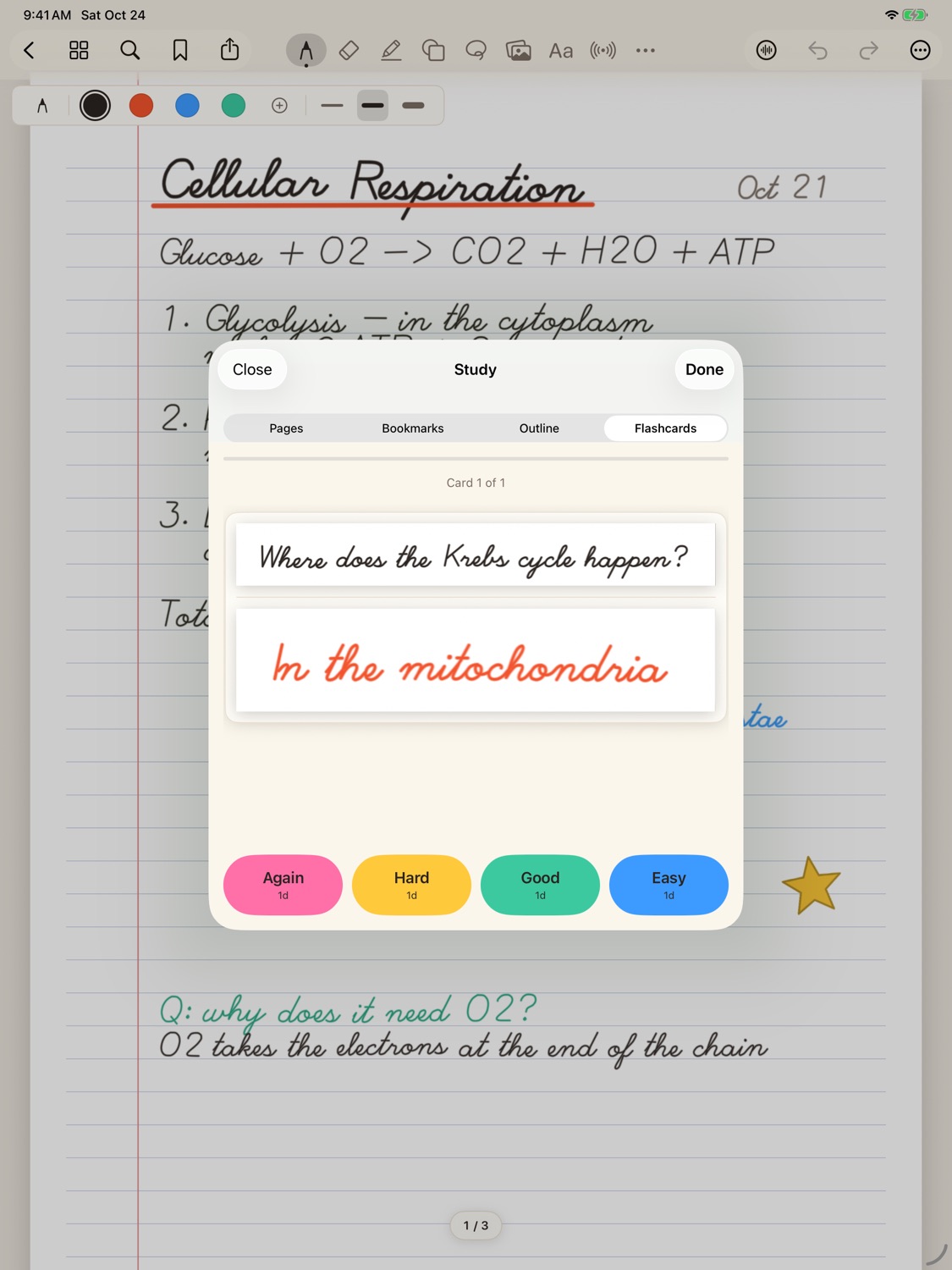 A flashcard: “Where does the Krebs cycle happen?” with the answer “In the mitochondria”